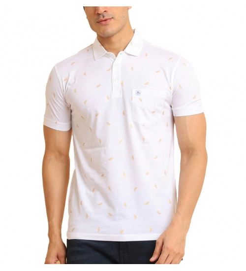 Men's Casual Cotton Printed Polo Neck Half Sleeve T-Shirt (White)