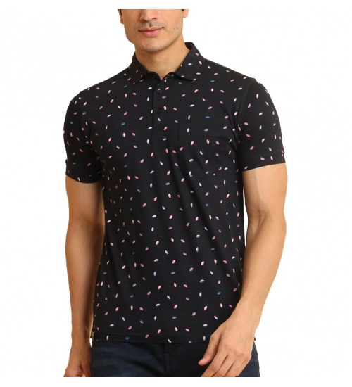 Men's Casual Cotton Printed Polo Neck Half Sleeve T-Shirt (Black)