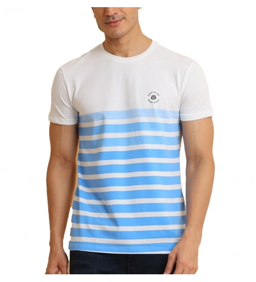 Men's Casual Cotton Printed Round Neck Half Sleeve T-Shirt (Blue)