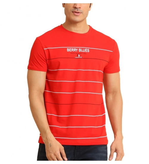 Men's Casual Cotton Printed Round Neck Half Sleeve T-Shirt (Red)