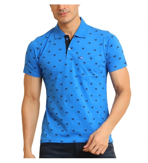 Men's Casual Cotton Printed Polo Neck Half Sleeve T-Shirt (Blue)
