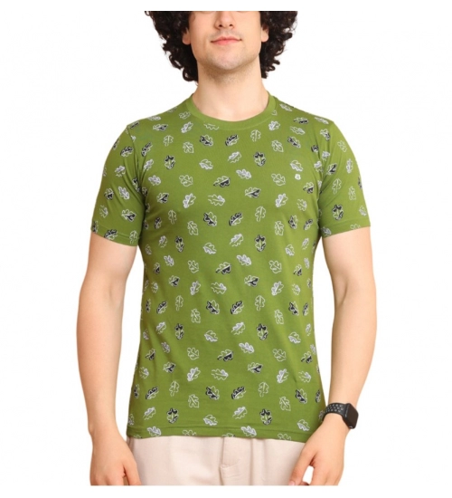 Men's Casual Cotton Printed Round Neck Half Sleeve T-Shirt (Green)