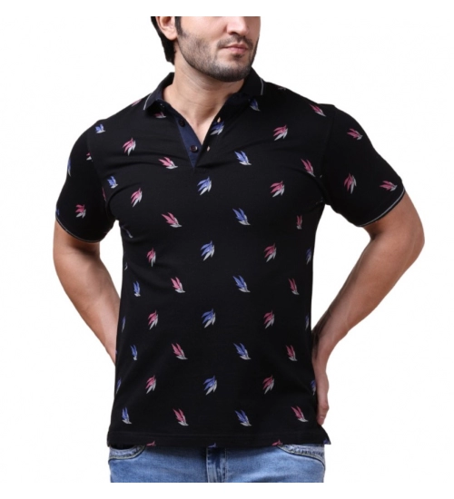 Men's Casual Cotton Printed Polo Neck Half Sleeve T-Shirt (Black)