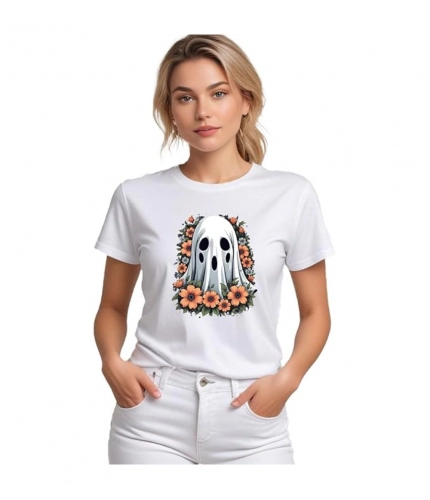 Women's Polyester Solid Printed Round Neck Half Sleeve T-shirt (White)