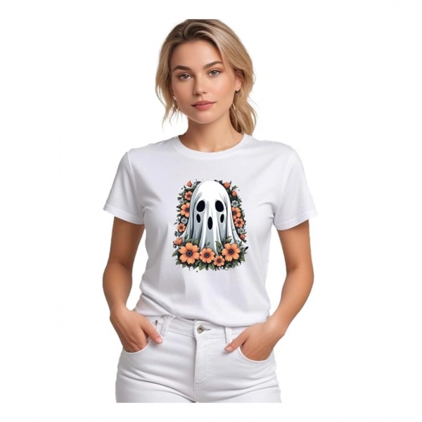Dropship Women's Polyester Solid Printed Round Neck Half Sleeve T-shirt (White)