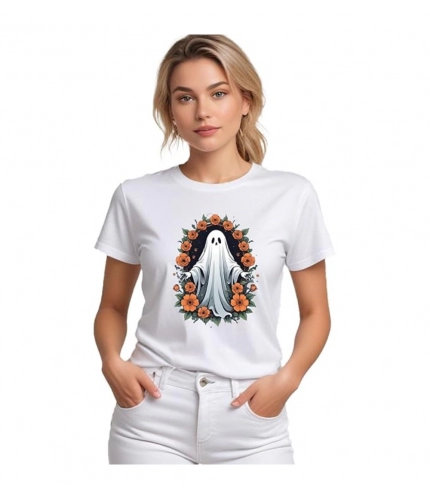 Women's Polyester Solid Printed Round Neck Half Sleeve T-shirt (White)