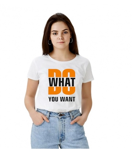 Women's Polyester Solid Printed Round Neck Half Sleeve T-shirt (White)