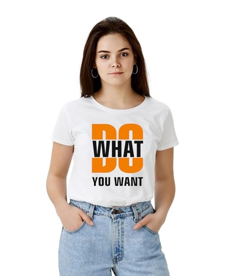 Women's Polyester Solid Printed Round Neck Half Sleeve T-shirt (White)