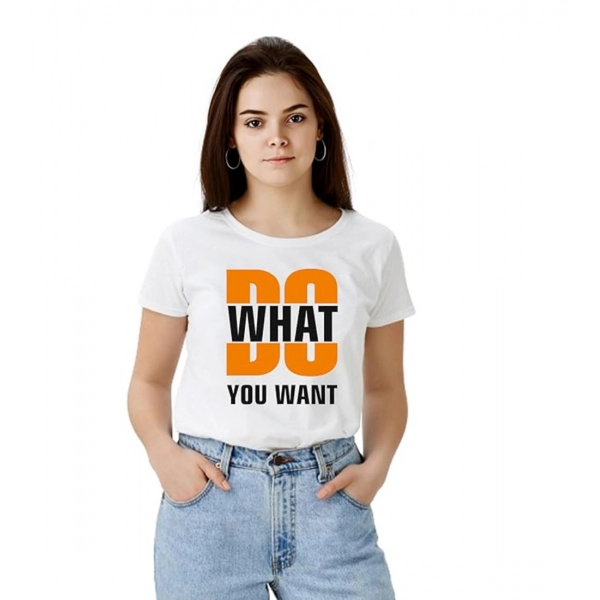 Dropship Women's Polyester Solid Printed Round Neck Half Sleeve T-shirt (White)
