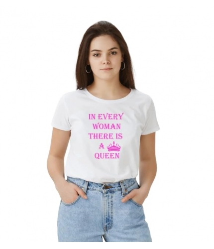 Women's Polyester Solid Printed Round Neck Half Sleeve T-shirt (White)