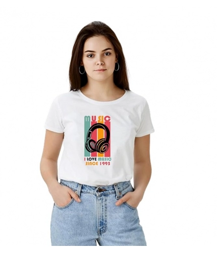 Women's Polyester Solid Printed Round Neck Half Sleeve T-shirt (White)