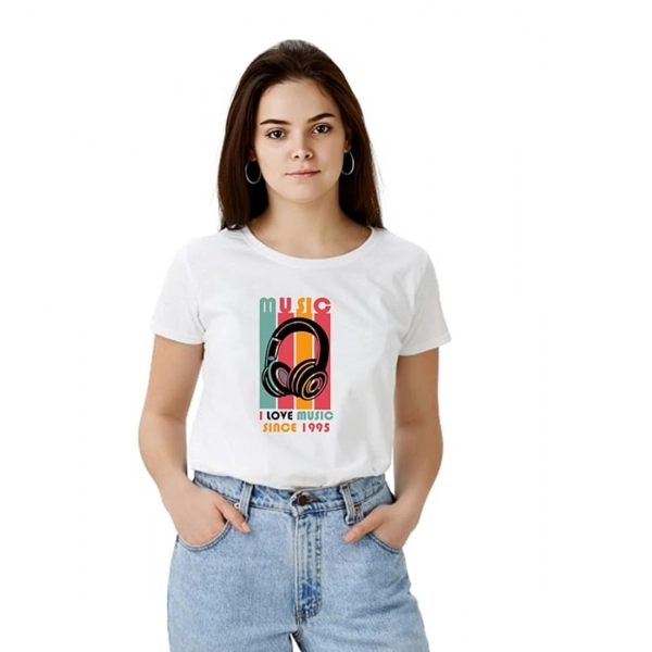 Dropship Women's Polyester Solid Printed Round Neck Half Sleeve T-shirt (White)