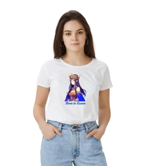 Women's Polyester Solid Printed Round Neck Half Sleeve T-shirt (White)