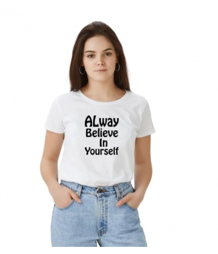 Women's Polyester Solid Printed Round Neck Half Sleeve T-shirt (White)