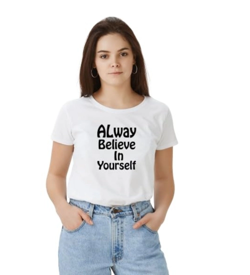 Women's Polyester Solid Printed Round Neck Half Sleeve T-shirt (White)