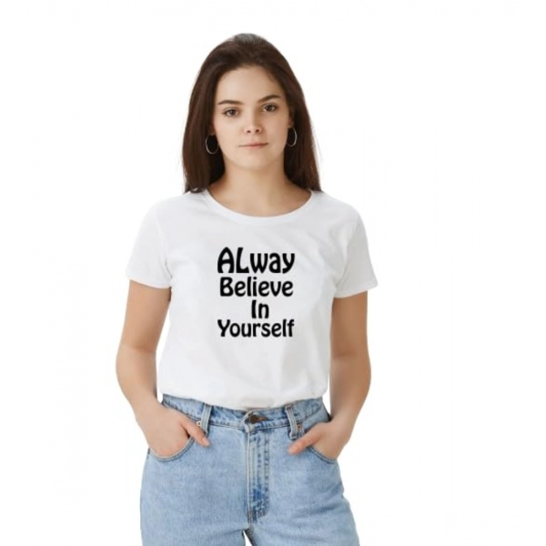 Dropship Women's Polyester Solid Printed Round Neck Half Sleeve T-shirt (White)