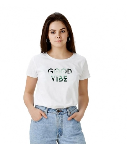 Women's Polyester Solid Printed Round Neck Half Sleeve T-shirt (White)