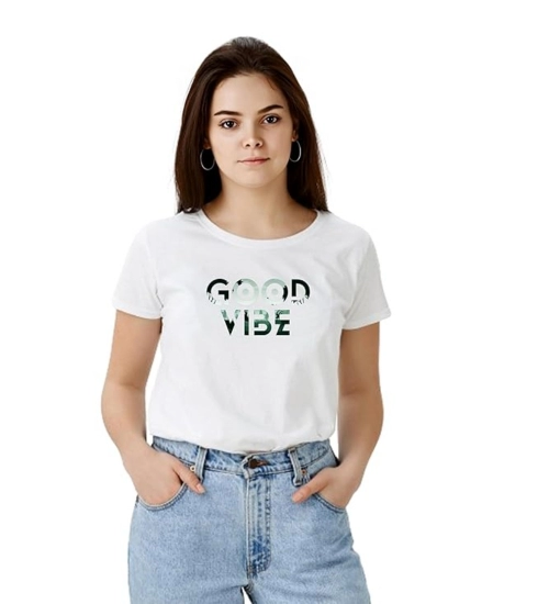 Women's Polyester Solid Printed Round Neck Half Sleeve T-shirt (White)