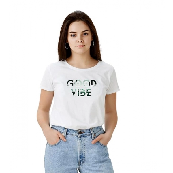 Dropship Women's Polyester Solid Printed Round Neck Half Sleeve T-shirt (White)