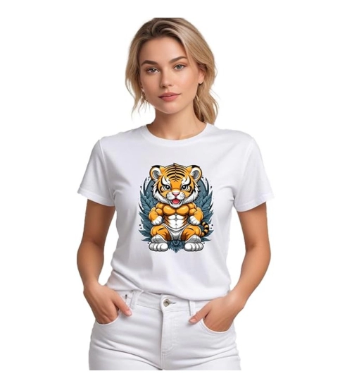 Women's Polyester Solid Printed Round Neck Half Sleeve T-shirt (White)