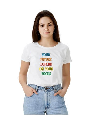 Women's Polyester Solid Printed Round Neck Half Sleeve T-shirt (White)