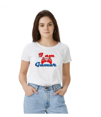 Women's Polyester Solid Printed Round Neck Half Sleeve T-shirt (White)