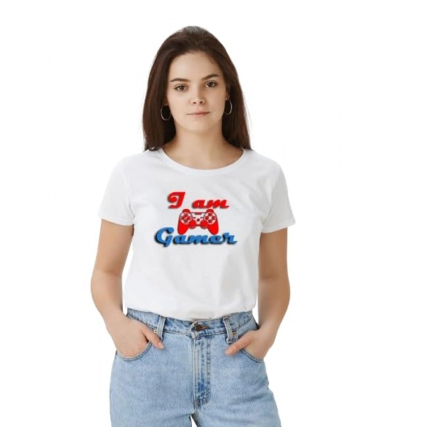 Dropship Women's Polyester Solid Printed Round Neck Half Sleeve T-shirt (White)