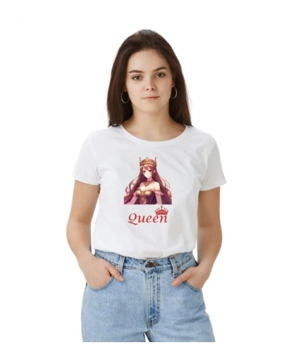 Women's Polyester Solid Printed Round Neck Half Sleeve T-shirt (White)