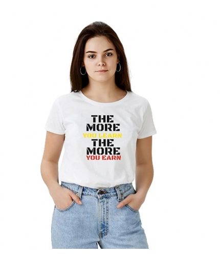 Women's Polyester Solid Printed Round Neck Half Sleeve T-shirt (White)