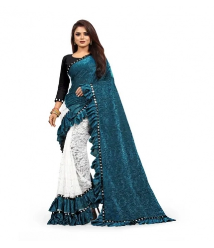 Women's Silk With Mirror Lace Solid Saree With Unstitched Blouse (Rama, 5-5 Mtrs)