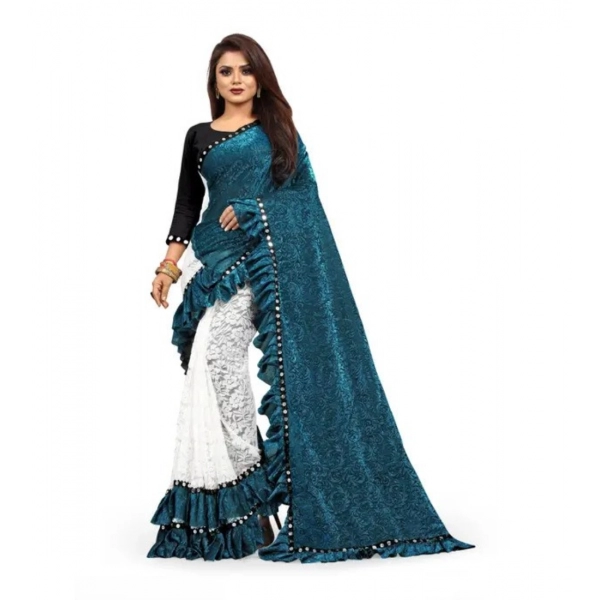 Dropship Women's Silk With Mirror Lace Solid Saree With Unstitched Blouse (Rama, 5-5 Mtrs)