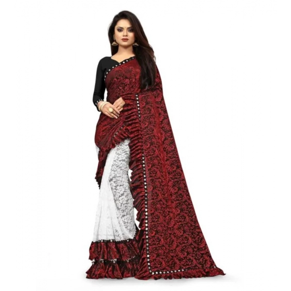 Dropship Women's Silk With Mirror Lace Solid Saree With Unstitched Blouse (Red, 5-5 Mtrs)