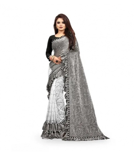 Women's Silk With Mirror Lace Solid Saree With Unstitched Blouse (Grey, 5-5 Mtrs)