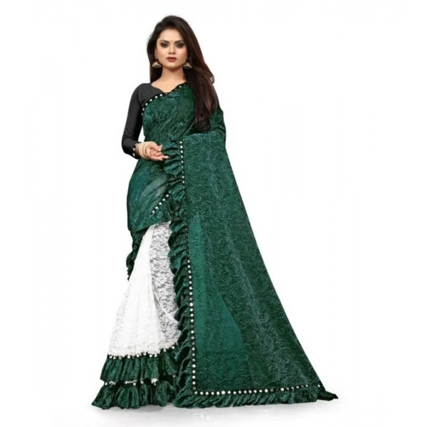 Dropship Women's Silk With Mirror Lace Solid Saree With Unstitched Blouse (Green, 5-5 Mtrs)