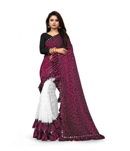 Women's Silk With Mirror Lace Solid Saree With Unstitched Blouse (Pink, 5-5 Mtrs)