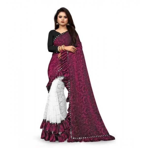 Dropship Women's Silk With Mirror Lace Solid Saree With Unstitched Blouse (Pink, 5-5 Mtrs)