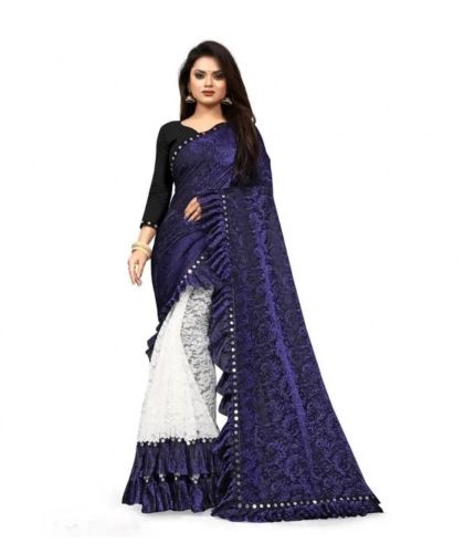 Women's Silk With Mirror Lace Solid Saree With Unstitched Blouse (Blue, 5-5 Mtrs)