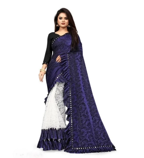 Women's Silk With Mirror Lace Solid Saree With Unstitched Blouse (Blue, 5-5 Mtrs)