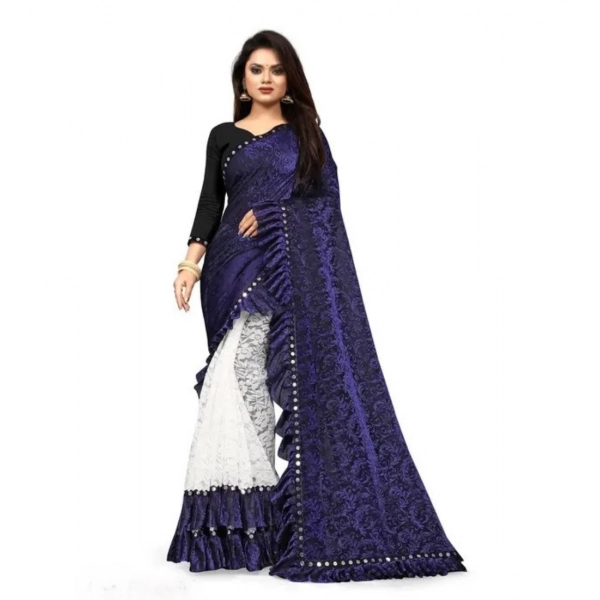 Dropship Women's Silk With Mirror Lace Solid Saree With Unstitched Blouse (Blue, 5-5 Mtrs)