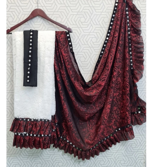 Women's Silk With Mirror Lace Solid Saree With Unstitched Blouse (Red, 5-5 Mtrs)