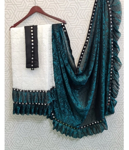 Women's Silk With Mirror Lace Solid Saree With Unstitched Blouse (Rama, 5-5 Mtrs) Women's Silk With Mirror Lace Solid Saree With Unstitched Blouse (Rama, 5-5 Mtrs)