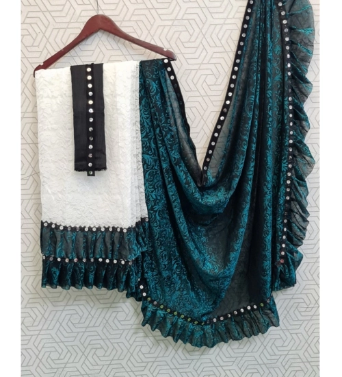 Women's Silk With Mirror Lace Solid Saree With Unstitched Blouse (Rama, 5-5 Mtrs)