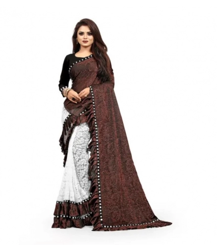 Women's Silk With Mirror Lace Solid Saree With Unstitched Blouse (Brown, 5-5 Mtrs)