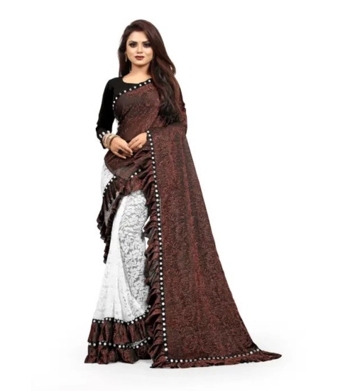 Women's Silk With Mirror Lace Solid Saree With Unstitched Blouse (Brown, 5-5 Mtrs)