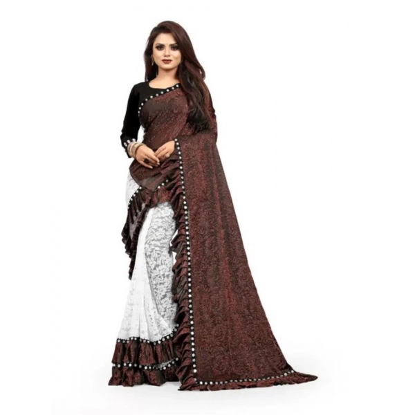 Dropship Women's Silk With Mirror Lace Solid Saree With Unstitched Blouse (Brown, 5-5 Mtrs)