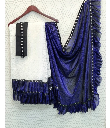 Women's Silk With Mirror Lace Solid Saree With Unstitched Blouse (Blue, 5-5 Mtrs) Women's Silk With Mirror Lace Solid Saree With Unstitched Blouse (Blue, 5-5 Mtrs)
