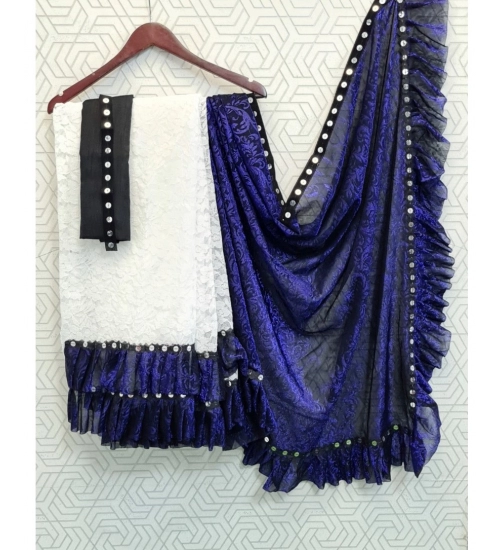 Women's Silk With Mirror Lace Solid Saree With Unstitched Blouse (Blue, 5-5 Mtrs)