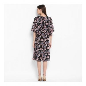 Generic Women's Polyester Floral Short Sleeve Knee-Length Dress (Black - Multicolor)