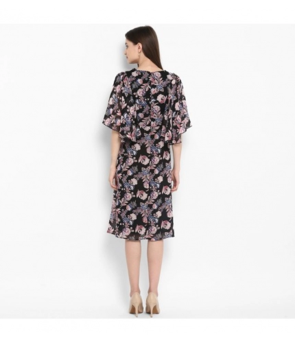 Women's Polyester Floral Short Sleeve Knee-Length Dress (Black - Multicolor)