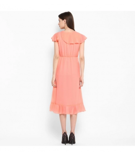 Women's Polyester Ruffled Cap Sleeve Below Knee Dress (Neon Pink)